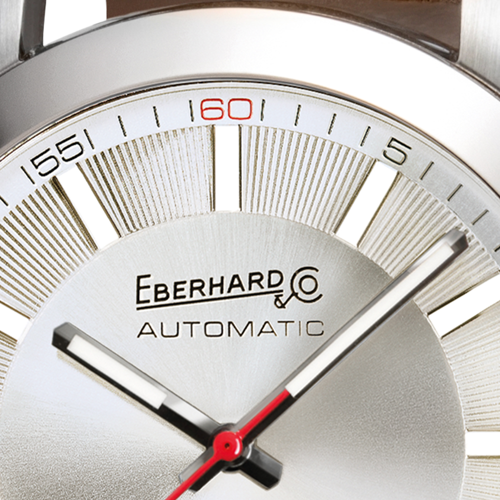 Dettaglio macro del quadrante Eberhard & Co. Automatic, versione argento