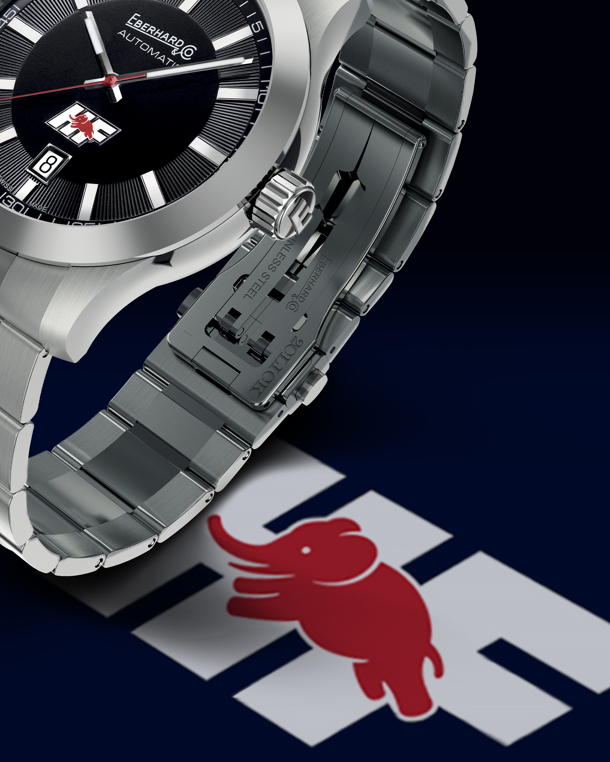 Post Instagram Eberhard & Co. x Lancia HF, dettaglio del fondello con logo elefante rosso