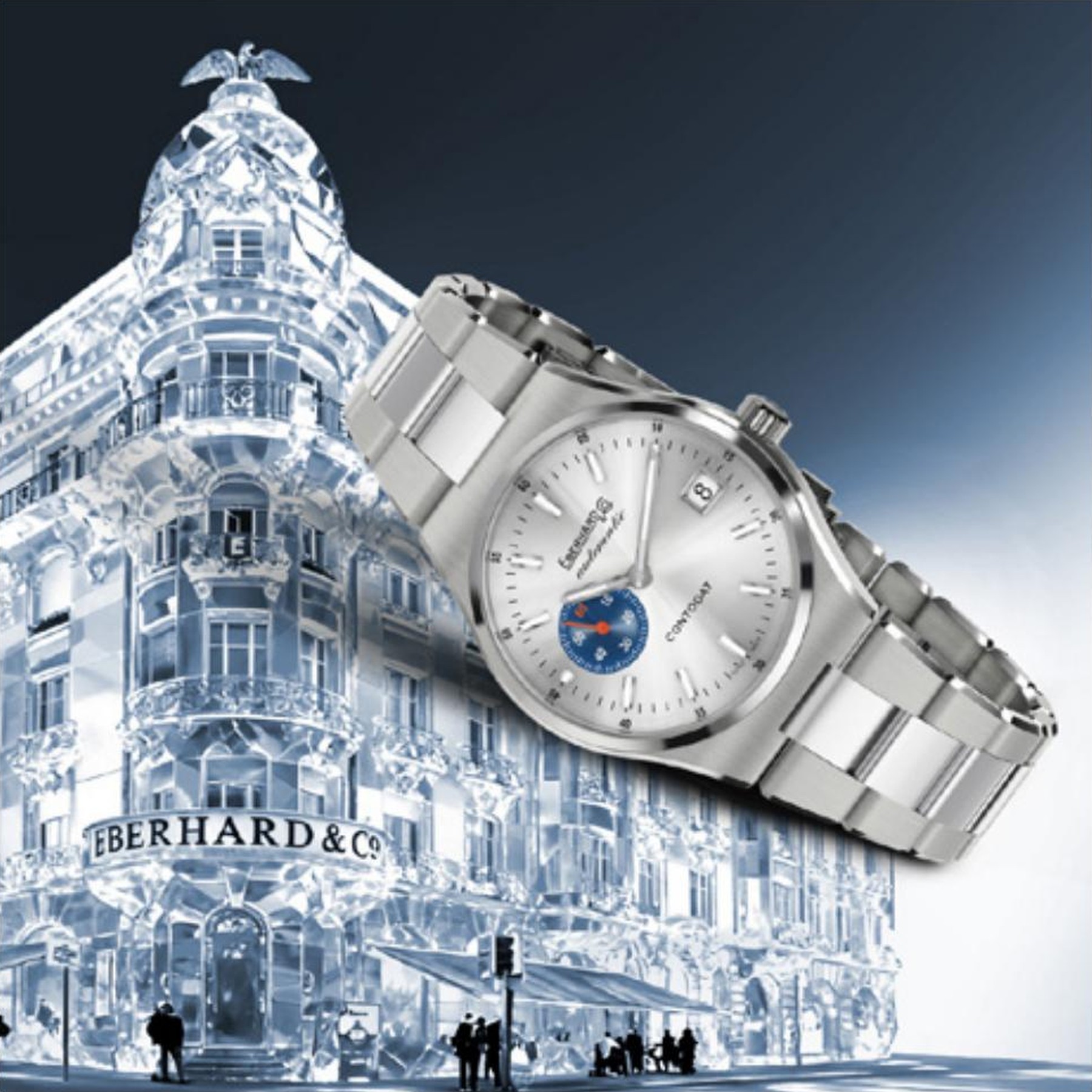 Concept Season's Greetings Eberhard & Co., palazzo storico del brand reso in cristallo di ghiaccio con orologio sovrapposto