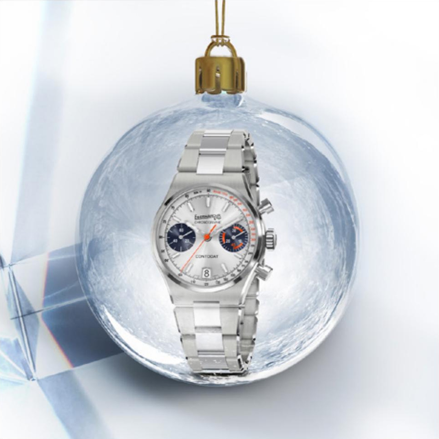 Concept Season's Greetings Eberhard & Co., cronografo quadrante argento dentro una pallina di Natale trasparente