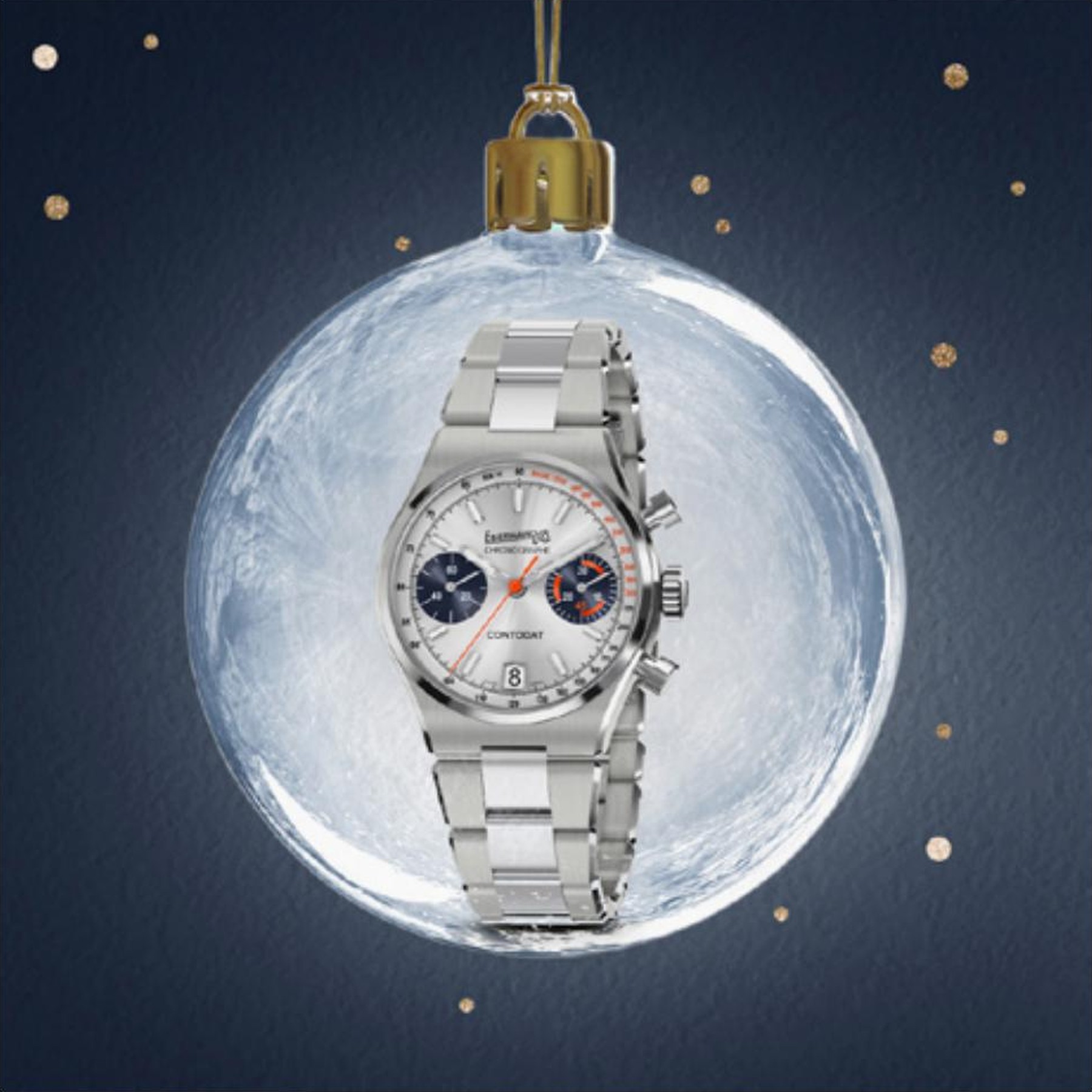 Concept Season's Greetings Eberhard & Co., cronografo Contodat quadrante argento dentro una pallina di Natale, sfondo notturno innevato