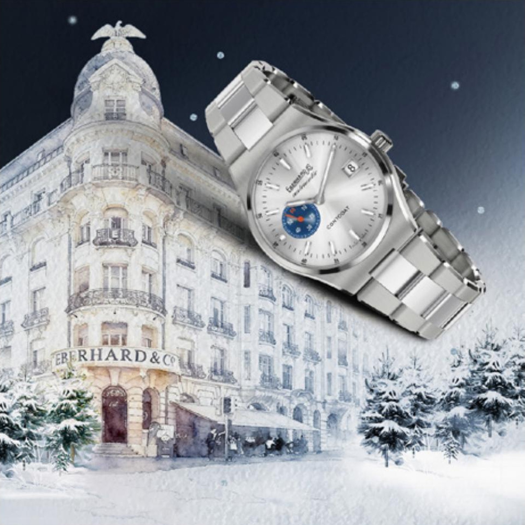 Concept Season's Greetings Eberhard & Co., palazzo storico ad acquerello innevato con cronografo quadrante argento sovrapposto