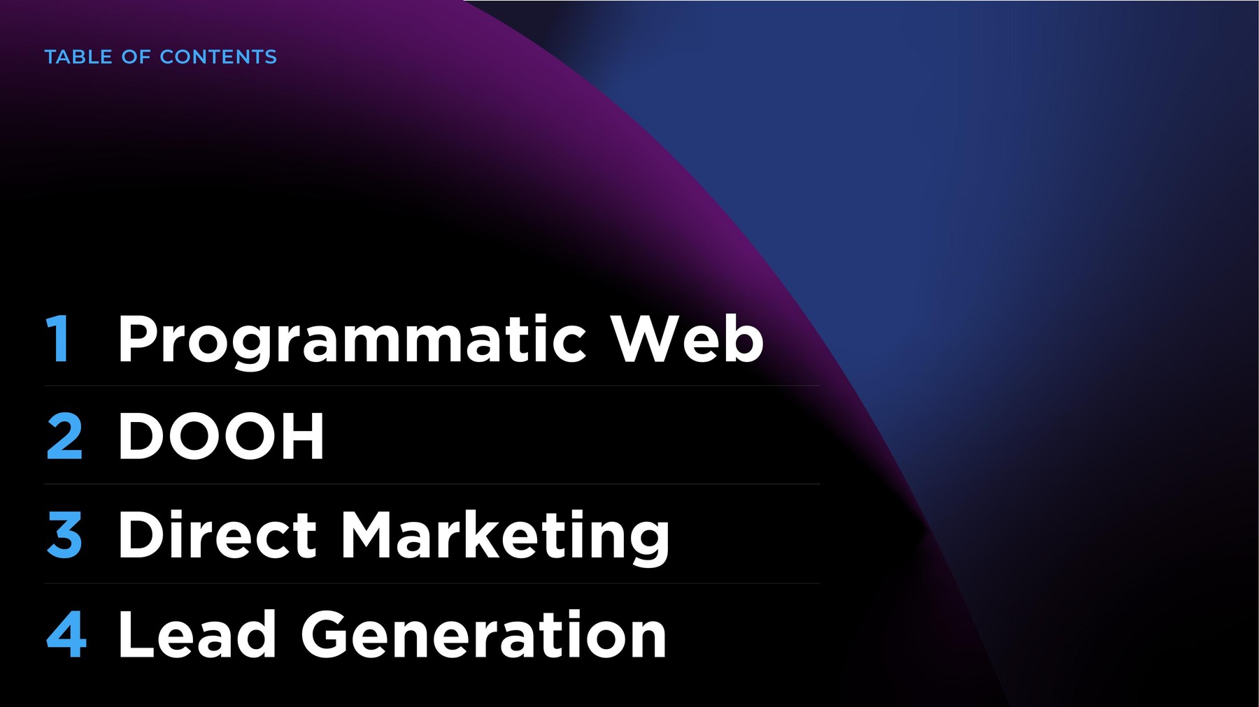 Slide indice dei contenuti del Corporate Deck NetMediaClick: Programmatic Web, DOOH, Direct Marketing, Lead Generation