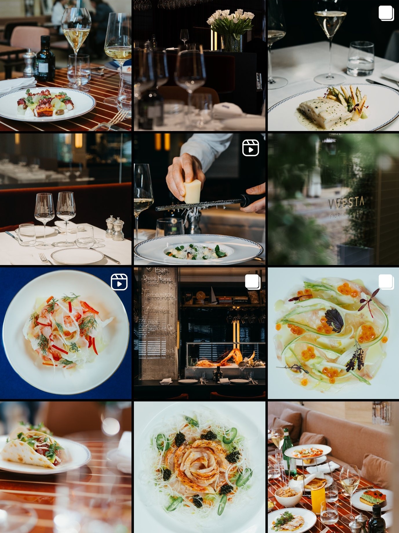 Griglia Instagram con fotografie di piatti e sala del ristorante Vesta Fiori Chiari