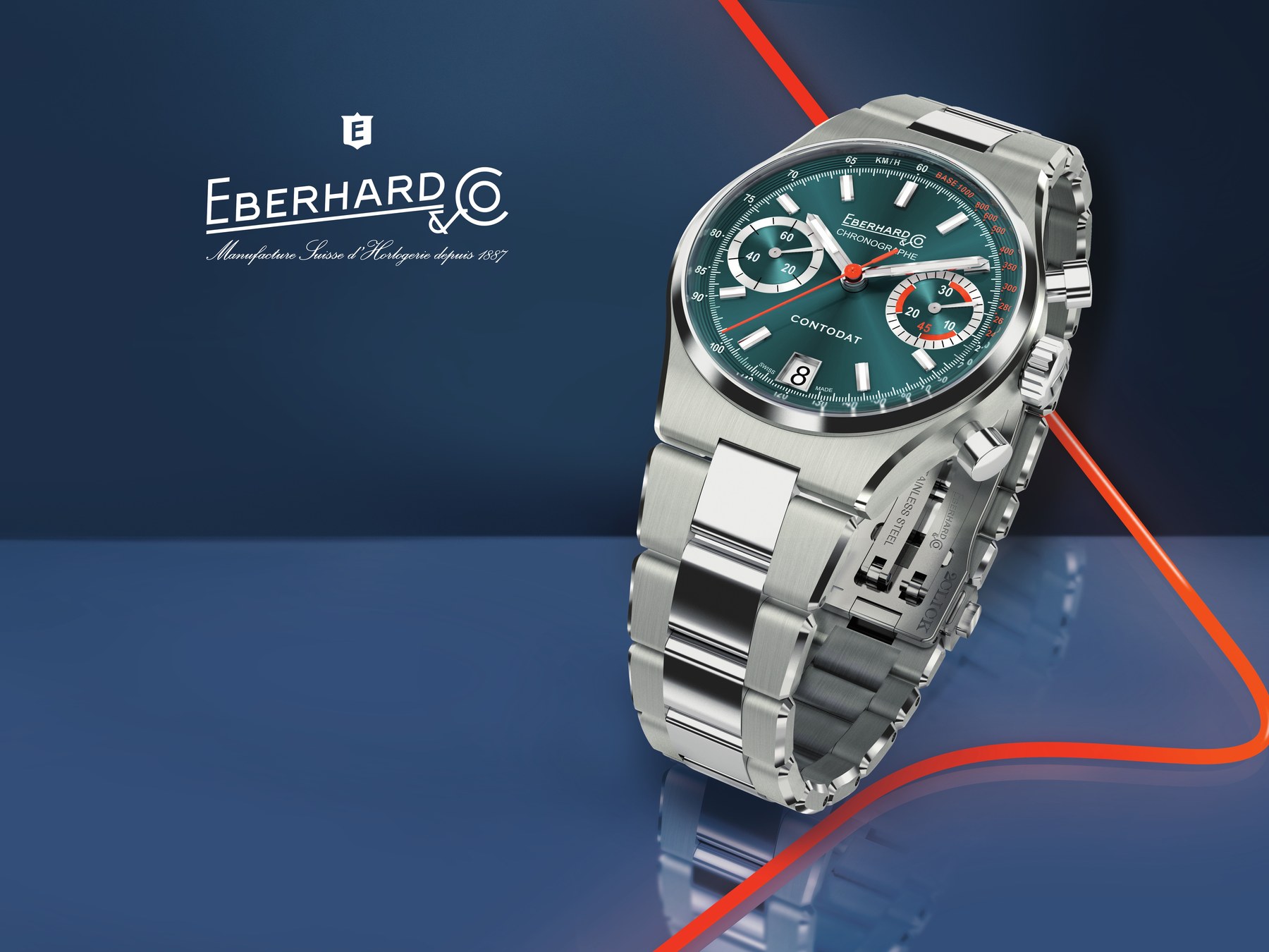 Pannello fiera Eberhard & Co. con cronografo Contodat su sfondo blu